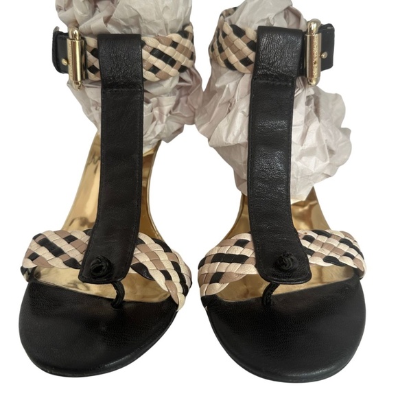 EUC Michael Kors Black Gold Tan Woven Leather Heel Sandals Sz 7.5 M - Picture 3 of 11